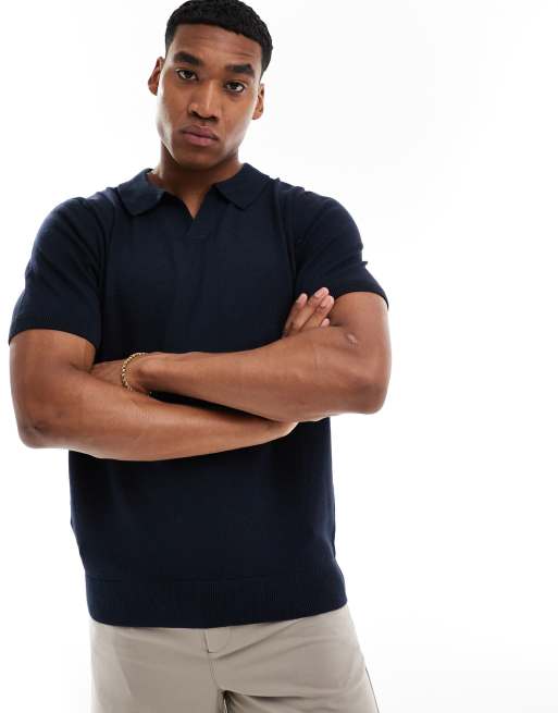 Threadbare knit trophy neck polo in navy | ASOS