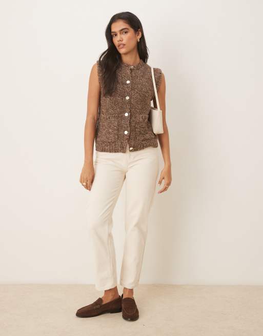 Threadbare knit vest with gold buttons in brown, 3 of 4