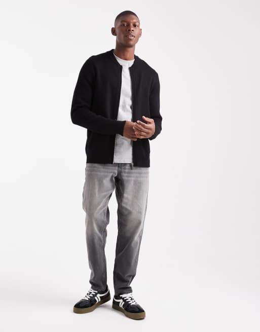 Threadbare knit zip through bomber cardigan in black, 2 of 5