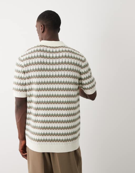 Threadbare knitted 1/4 short sleeve polo top in zig zag print, 2 of 5