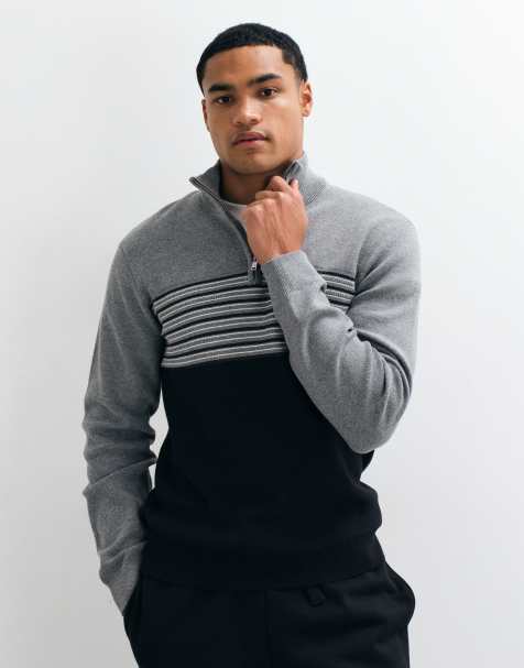 Threadbare knitted 1/4 zip jumper with contrast stripes in black - view 1