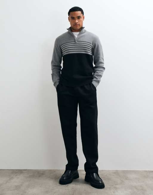 Threadbare knitted 1/4 zip jumper with contrast stripes in black, 3 of 5