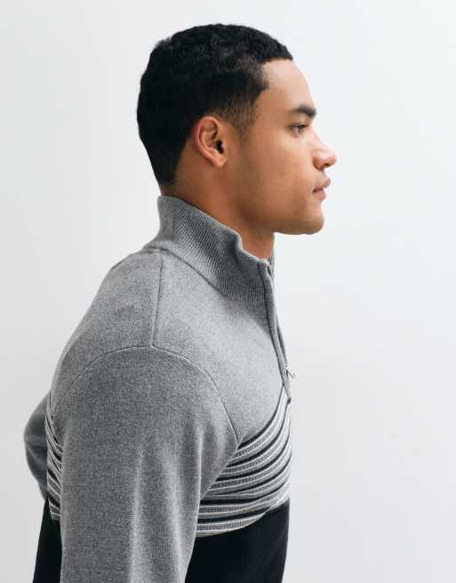 Threadbare knitted 1/4 zip jumper with contrast stripes in black, 4 of 5
