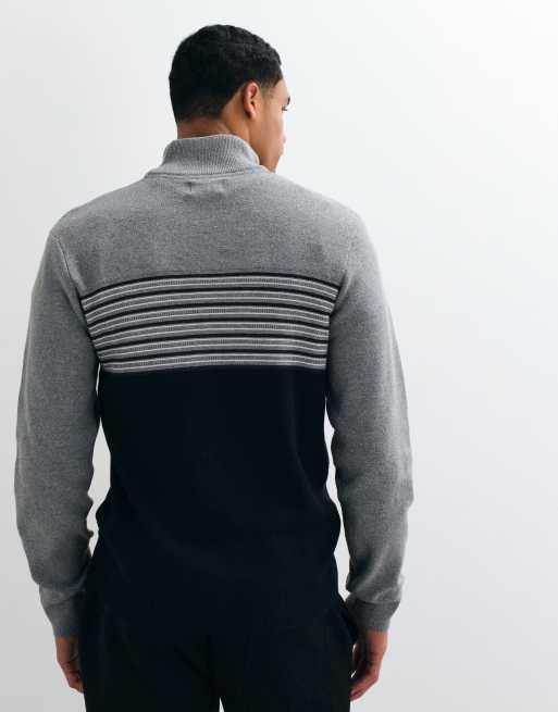 Threadbare knitted 1/4 zip jumper with contrast stripes in black, 5 of 5