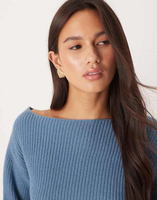 Threadbare knitted boat neck jumper with balloon sleeve in blue, 2 of 4