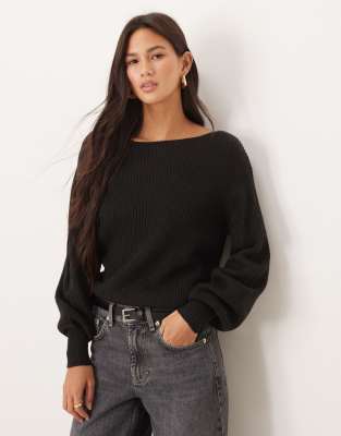 Threadbare Threadbare knitted boat neck jumper with baloon sleeve in black