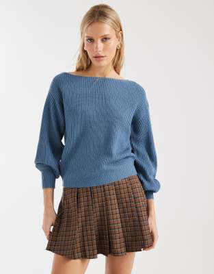 Threadbare Threadbare knitted boat neck jumper with baloon sleeve in blue