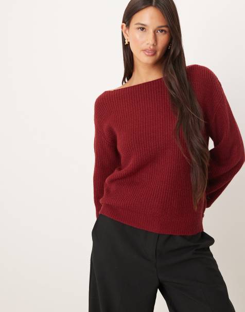 Threadbare knitted boat neck jumper with baloon sleeve in burgundy - view 1