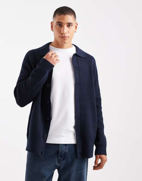 Threadbare knitted button down cardigan with collar in navy - view 1