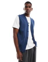 ASOS DESIGN skinny double breasted waistcoat with gold chain in navy ASOS
