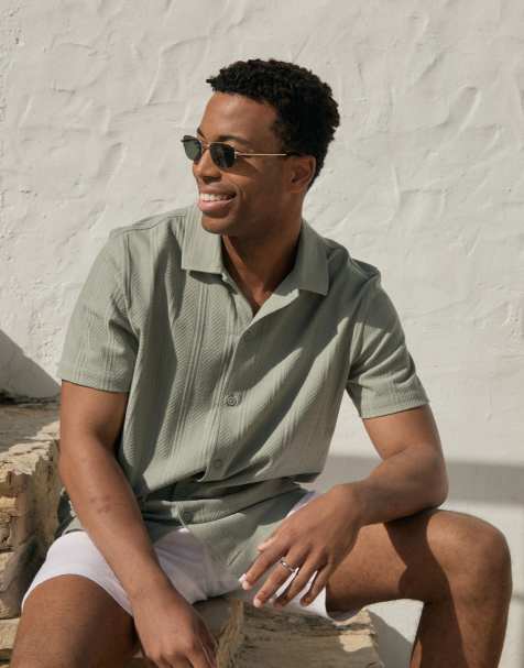 Threadbare Knitted cotton blend short sleeve shirt in pale green - view 1