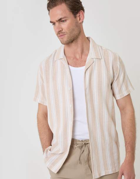 Threadbare Knitted cotton blend short sleeve shirt in stone - view 1