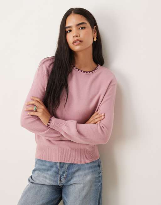 Threadbare knitted crew neck jumper with contrast neckline in pink