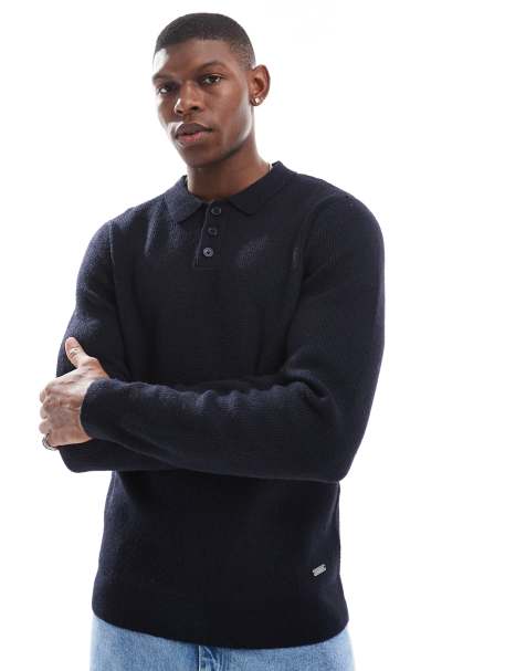 Threadbare knitted polo top in navy - view 1