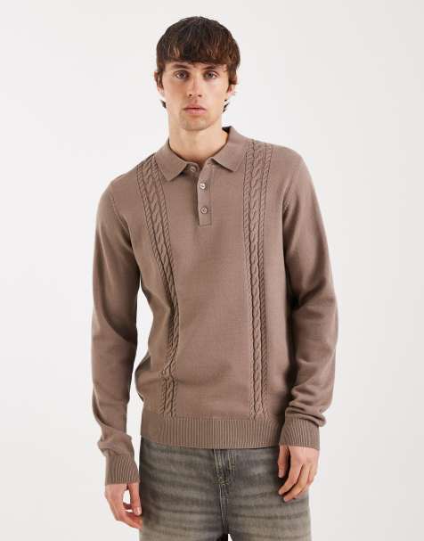 Threadbare knitted polo with cable knit detail in taupe - view 1
