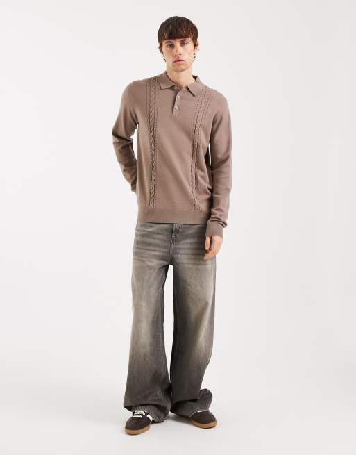 Threadbare knitted polo with cable knit detail in taupe , 2 of 5