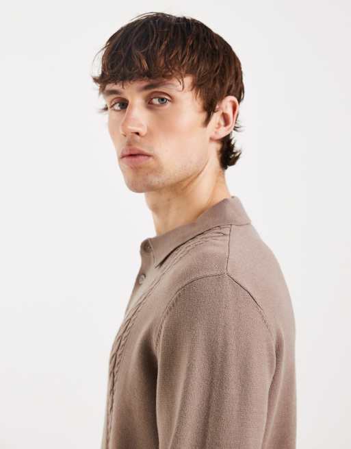 Threadbare knitted polo with cable knit detail in taupe , 4 of 5