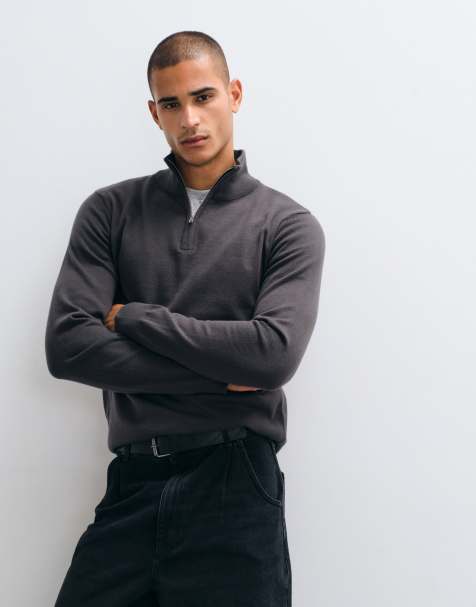 Threadbare knitted quarter zip jumper in charcoal - view 1