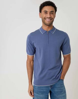 Threadbare Knitted quarter zip polo with contrast tipping in blue