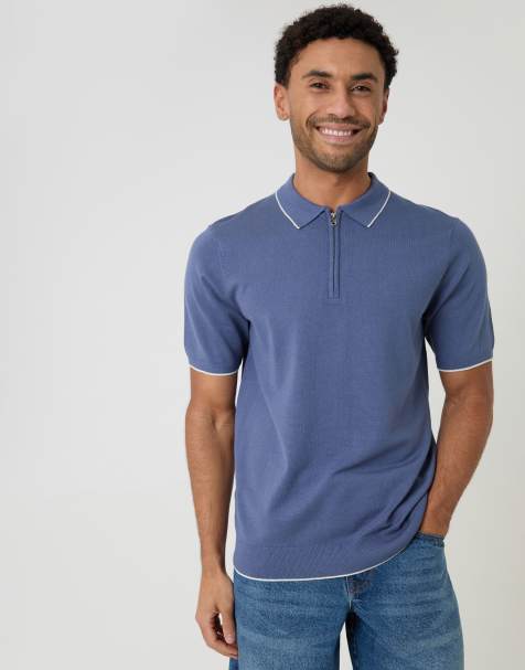 Threadbare Knitted quarter zip polo with contrast tipping in blue - view 1