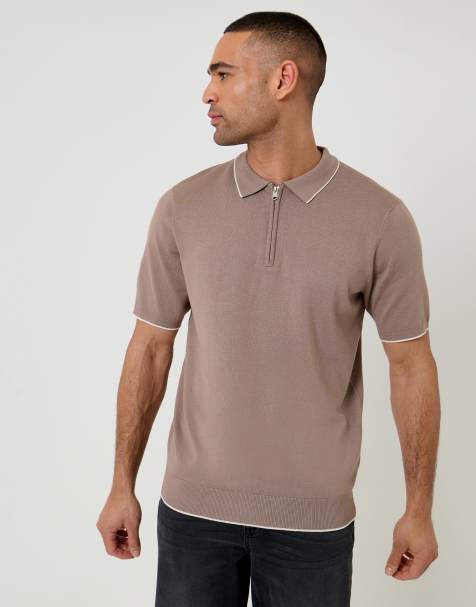 Threadbare Knitted quarter zip polo with contrast tipping in taupe - view 1