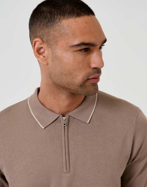 Threadbare Knitted quarter zip polo with contrast tipping in taupe