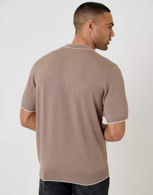 Threadbare Knitted quarter zip polo with contrast tipping in taupe