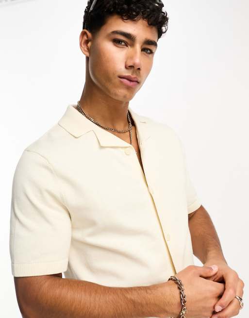 Threadbare knitted revere collar shirt in off white