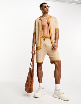 Threadbare knitted revere polo & short set in butterscotch