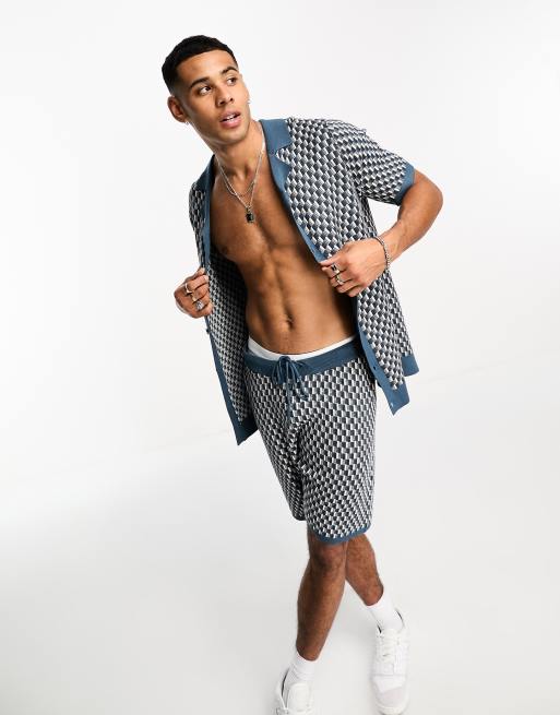 Threadbare knitted revere polo & shorts set in blue