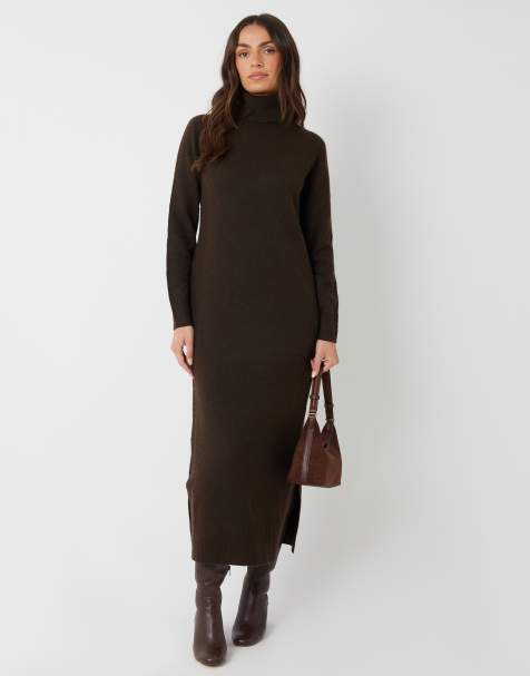 Threadbare Knitted roll neck maxi dress in chocolate