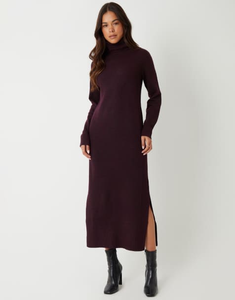 Threadbare Knitted roll neck maxi dress in wine - view 1