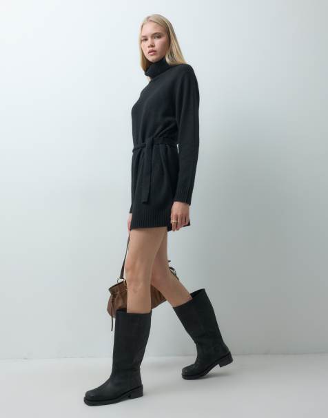 Threadbare knitted roll neck mini dress in black - view 1
