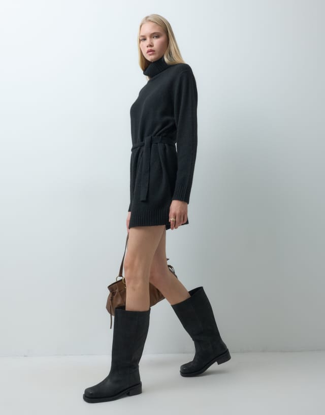 Threadbare knitted roll neck mini dress in black