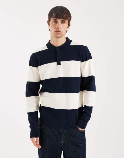 Threadbare knitted rugby polo in navy and ecru stripe - view 1