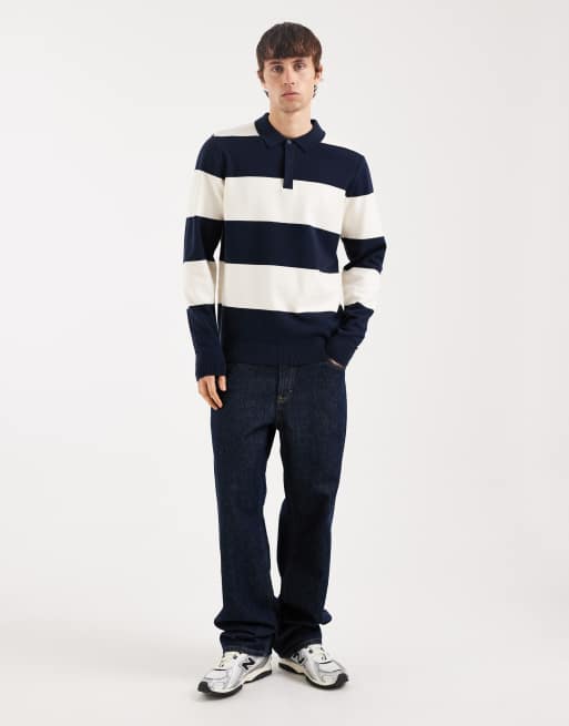 Threadbare knitted rugby polo in navy and ecru stripe, 2 of 5