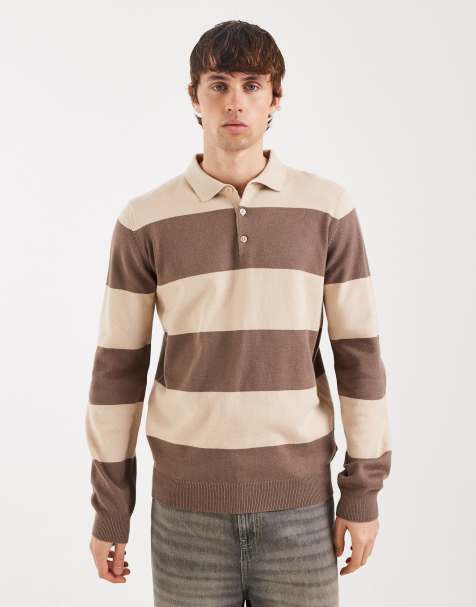 Threadbare knitted rugby polo in stone and ecru stripe - view 1