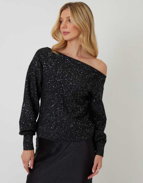 Threadbare Knitted sequin slash neck jumper in black