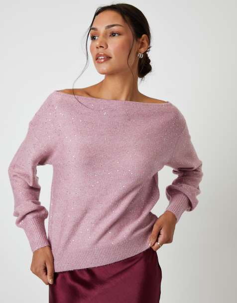 Threadbare Knitted sequin slash neck jumper in pink - view 1