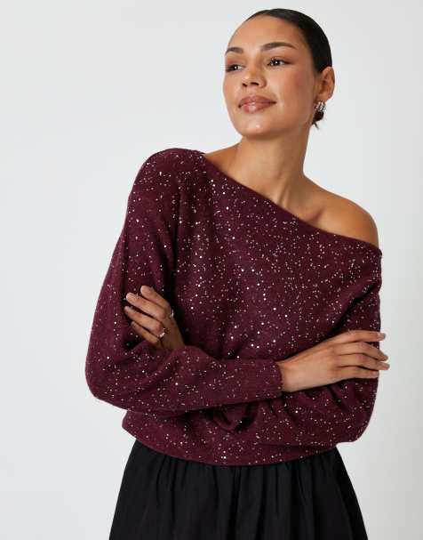 Threadbare Knitted sequin slash neck jumper in wine - view 1
