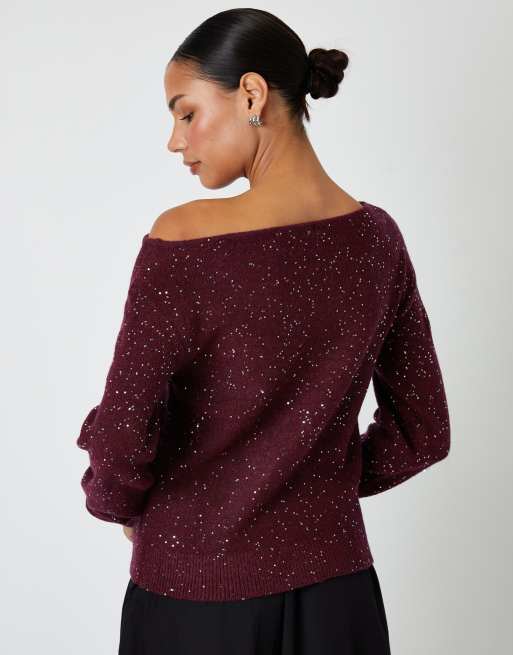 Threadbare Knitted sequin slash neck jumper in wine, 2 of 4