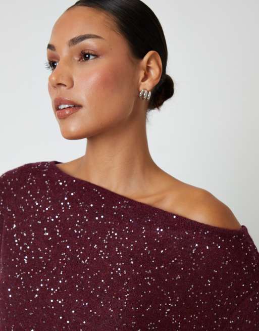 Threadbare Knitted sequin slash neck jumper in wine, 3 of 4