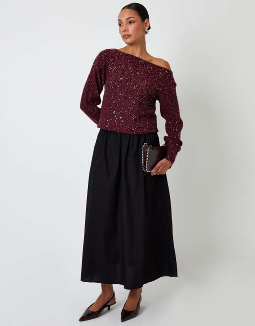 Threadbare Knitted sequin slash neck jumper in wine, 4 of 4