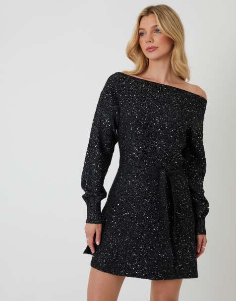 Threadbare Knitted sequin slash neck mini dress in black