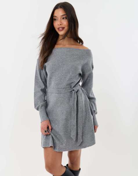 Threadbare Knitted sequin slash neck mini dress in grey - view 1