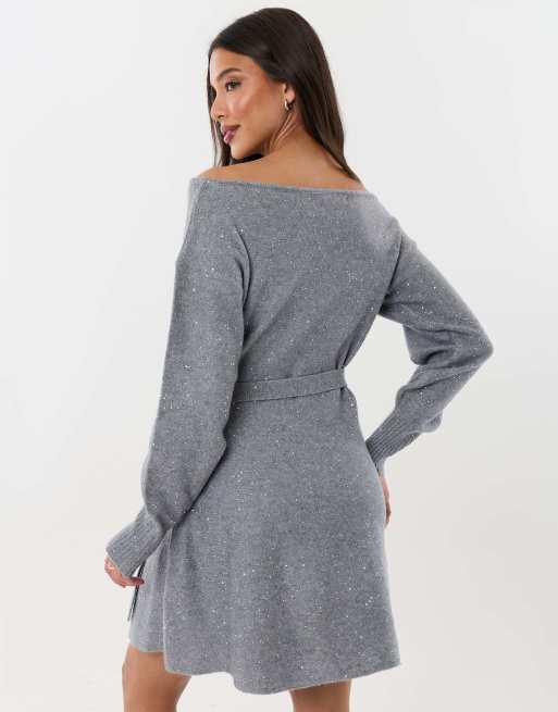 Threadbare Knitted sequin slash neck mini dress in grey, 2 of 4