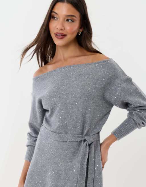Threadbare Knitted sequin slash neck mini dress in grey, 3 of 4