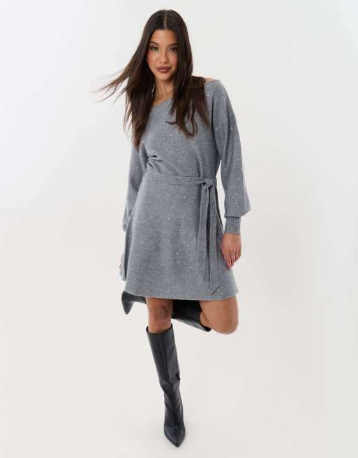 Threadbare Knitted sequin slash neck mini dress in grey, 4 of 4