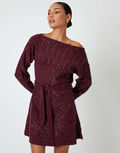 Threadbare Knitted sequin slash neck mini dress in wine - view 1