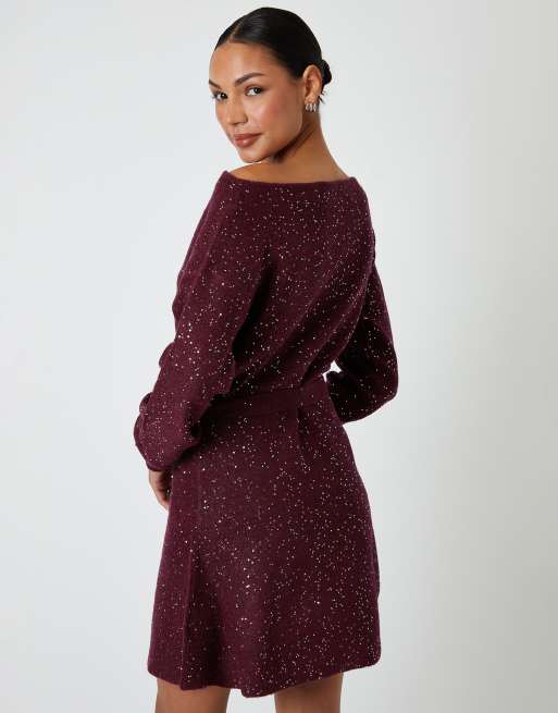 Threadbare Knitted sequin slash neck mini dress in wine, 2 of 4
